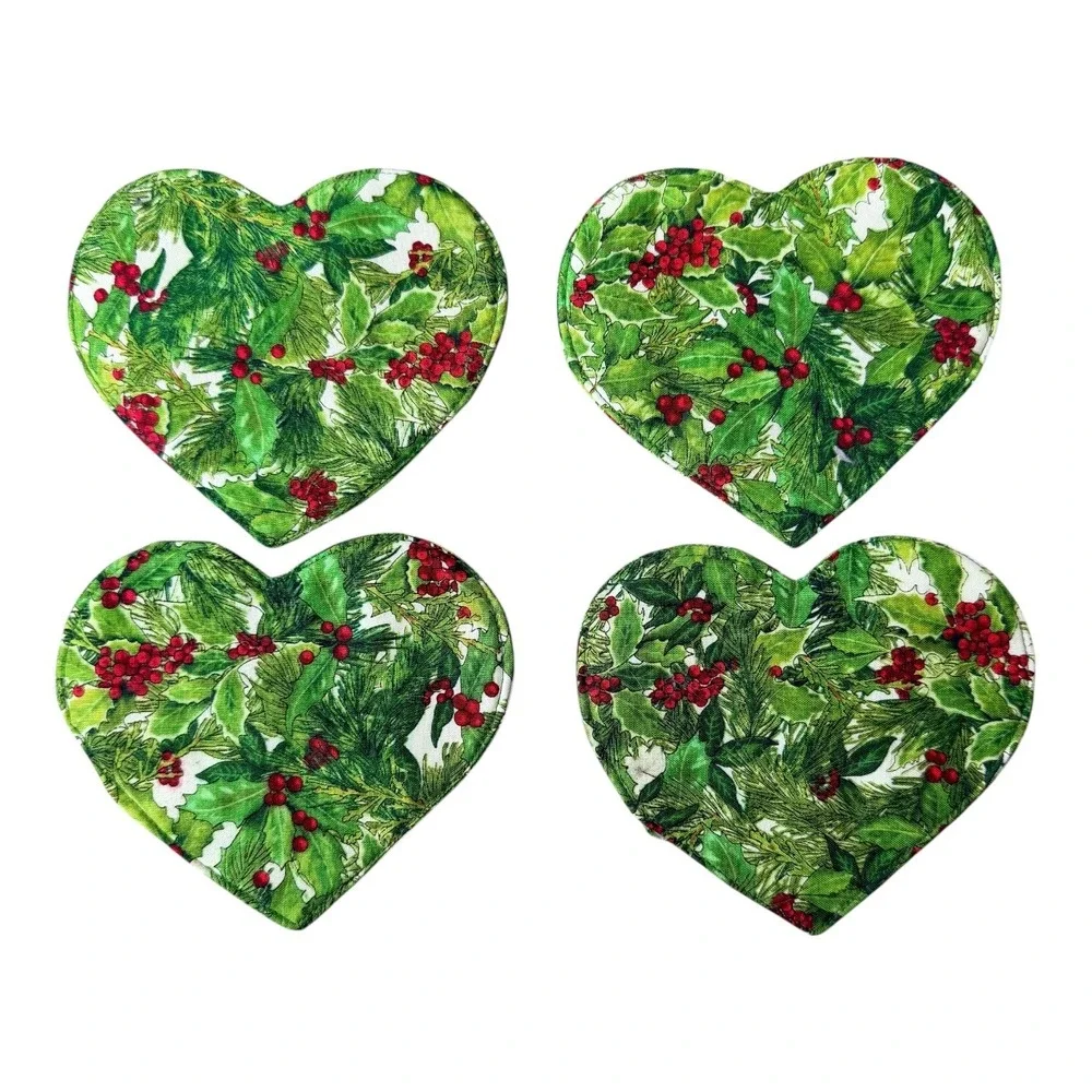 Heart Shaped Christmas Coasters Set 4 Double Sided Holly Berry Cottagecore